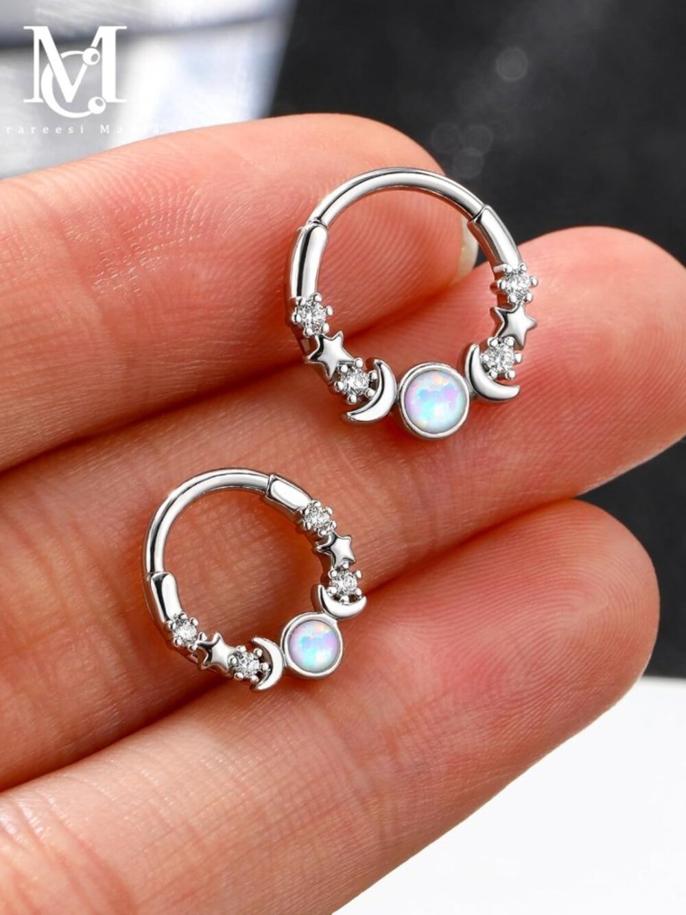 Opal Moon Phase Septum Ring 16G - Stainless Steel Daith Piercing Hoop Jewelry - Picture 5 of 7